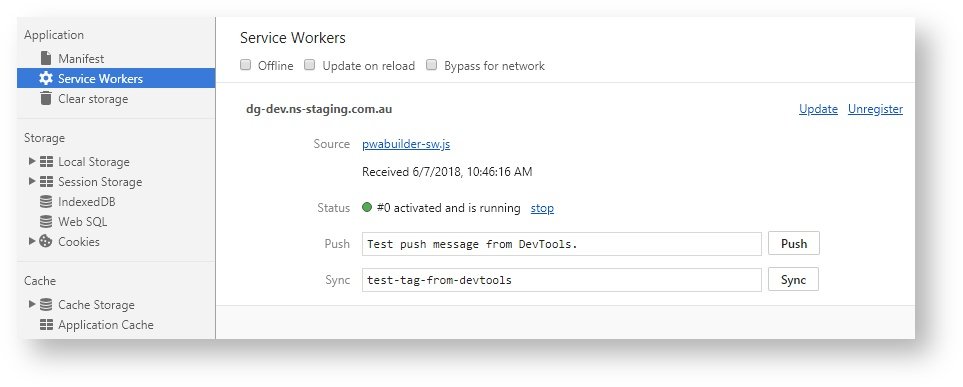 Service worker defined in Chrome Dev tools